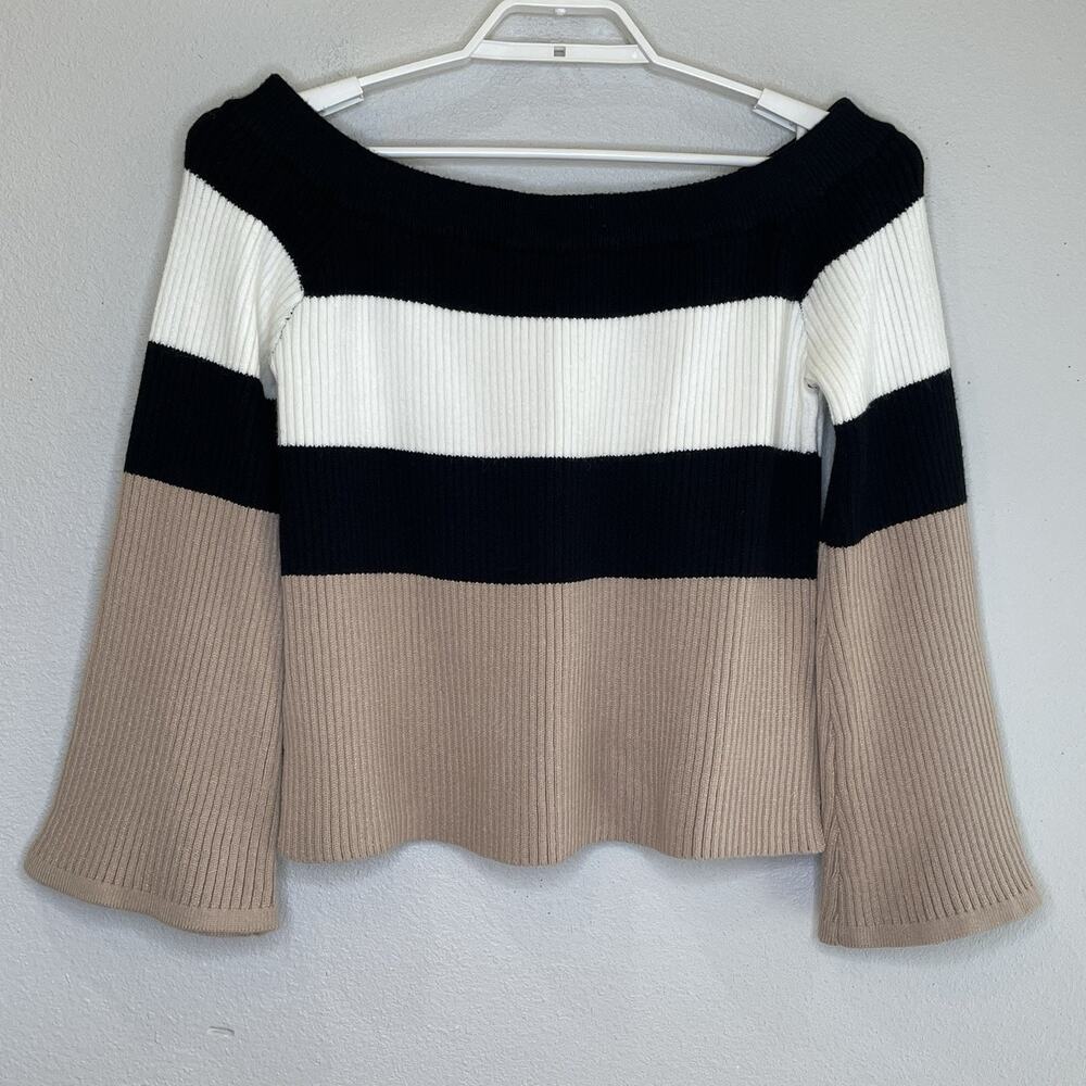 Le Lis Classic Stripe Off the Shoulder Sweater Womens Large Long Bell Sleeve NEW